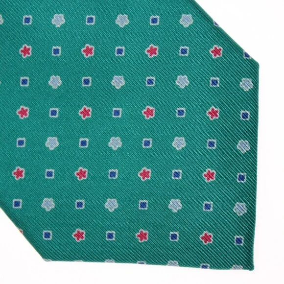 Drake's NWT Neck Tie in Teal Green with Red & Blue Geometric Pattern 100% Silk